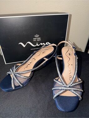 Nina Navy Rhinestone Strappy Slingback Heels